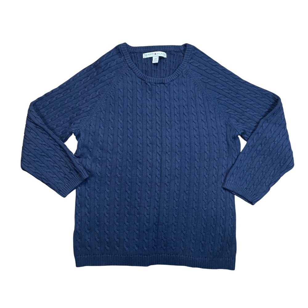 Tommy Hilfiger Women Navy Blue Cable Knit 100% Cotton Sweater Long Sleeve Size L